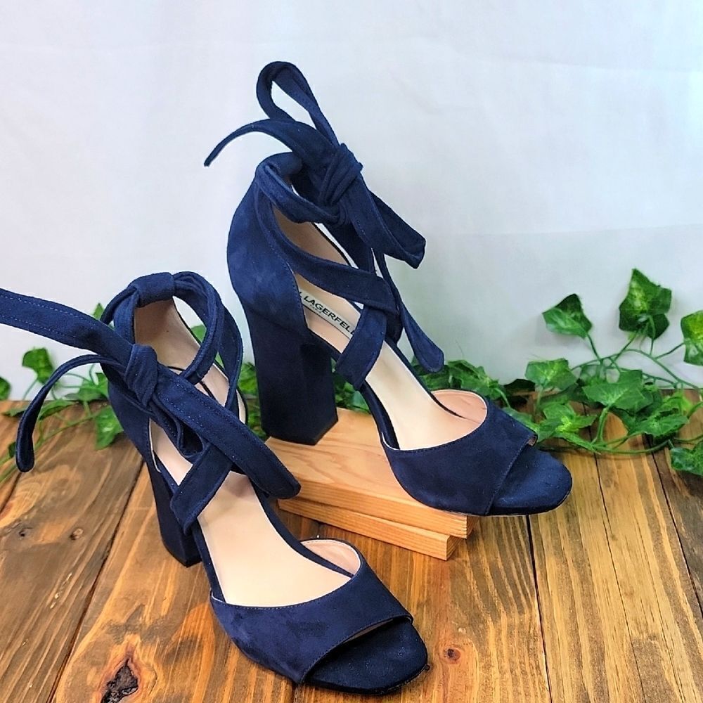 Karl Lagerfeld. Navy Blue Suede Heels. Tie at ankle. Size 9M. EUC
